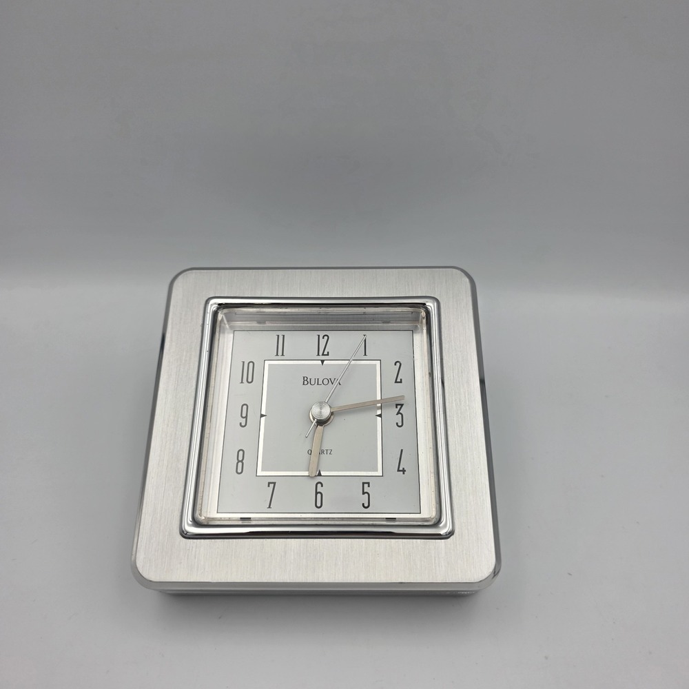 Bulova B2039 Quartz Clock Brushed Silver Tone Stainless Glass Mantle Shelf Desk